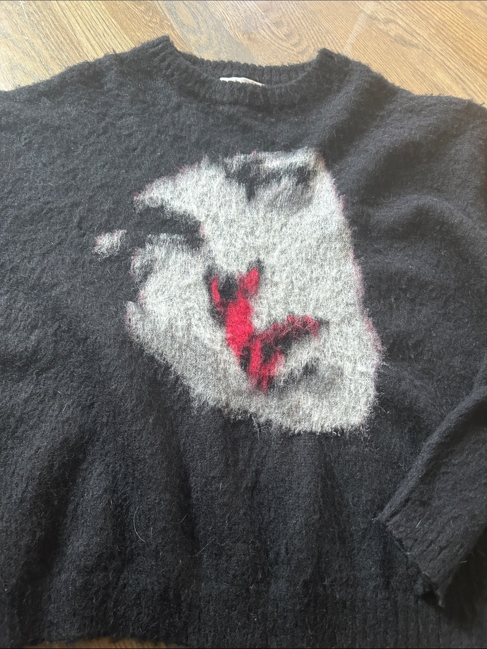 Black Mohair Blend Sweater with Gray and Red Graphic from Esoteric Thing